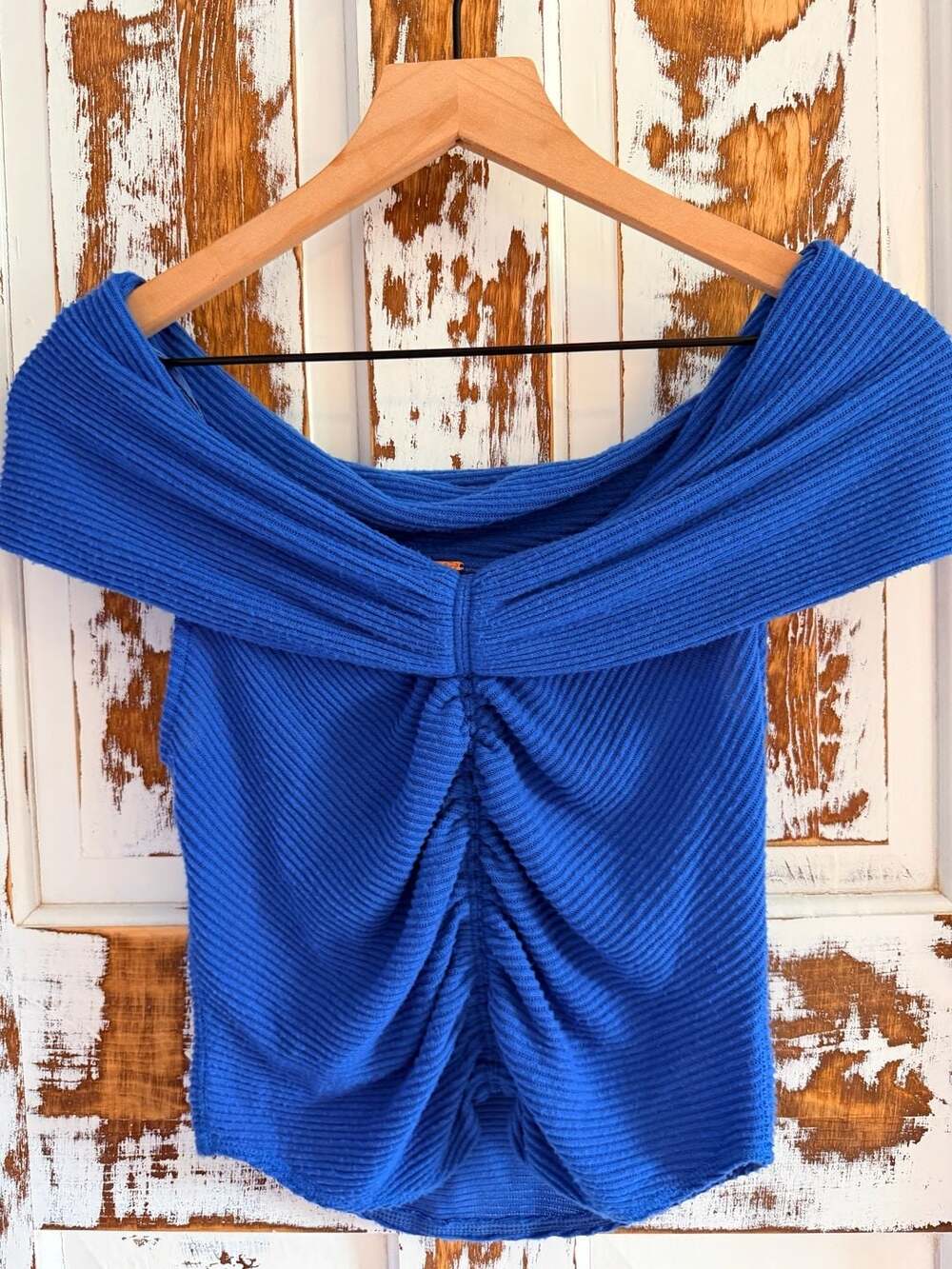 Free People Blue Ribbed Off-The-Shoulder Ruched Top | Boho Y2K Size S